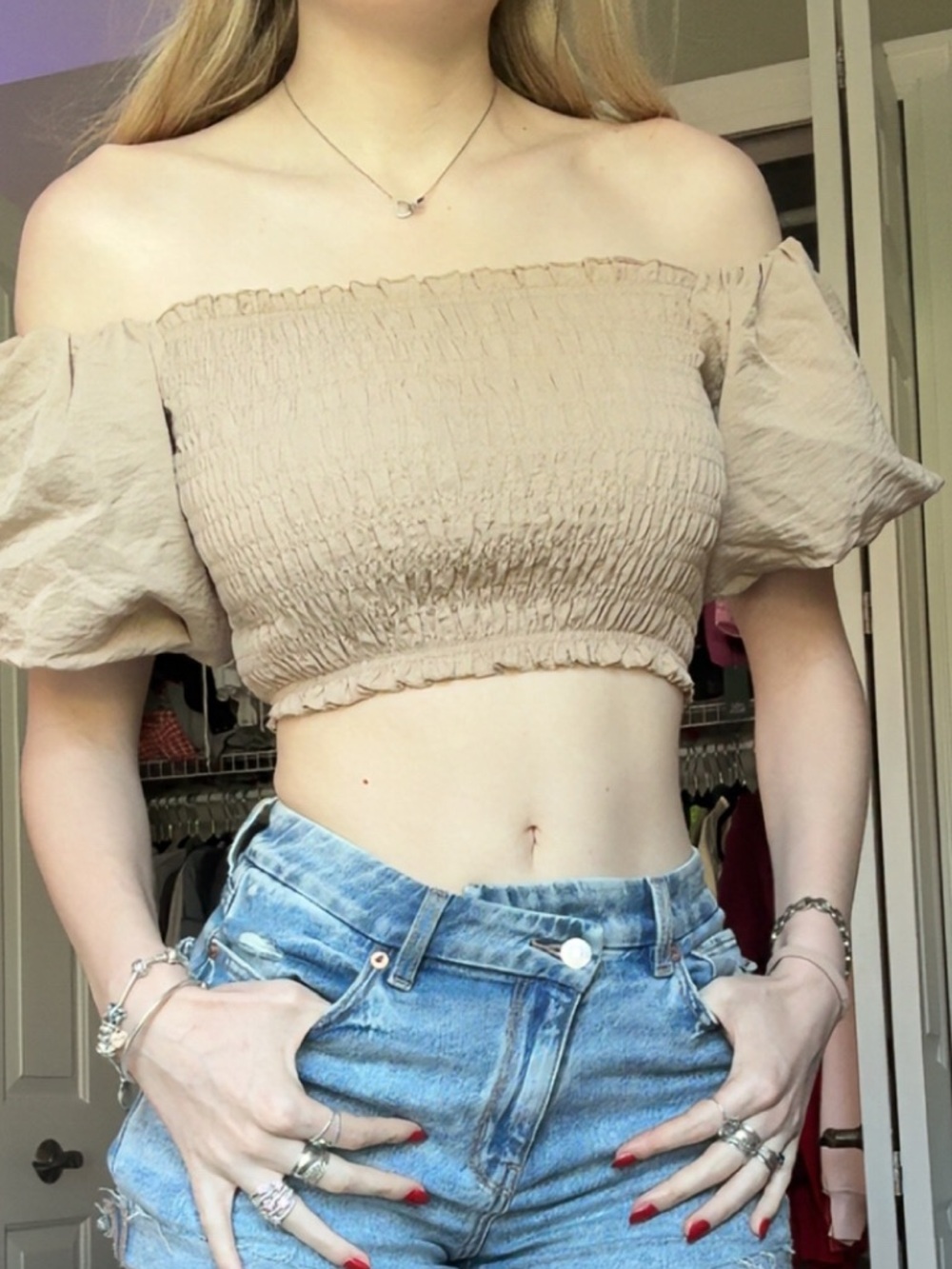 Altar'd State Beige Cropped Off-Shoulder Top